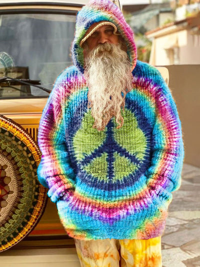 Vintage Bohemian Colorful Love and Peace Tie-dye Print Knit Pullover Hooded Sweater