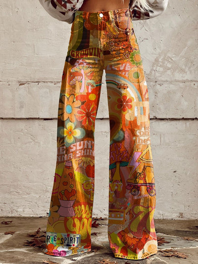 Groovy Retro Hippie Print Casual Wide Leg Pants