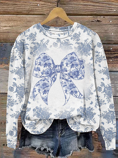 Colorful Glitter Christmas Blue And White Chinoiserie Bow Casual Print Sweatshirt