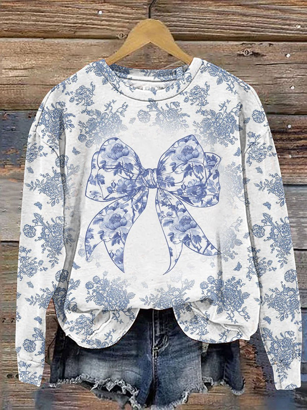 Colorful Glitter Christmas Blue And White Chinoiserie Bow Casual Print Sweatshirt