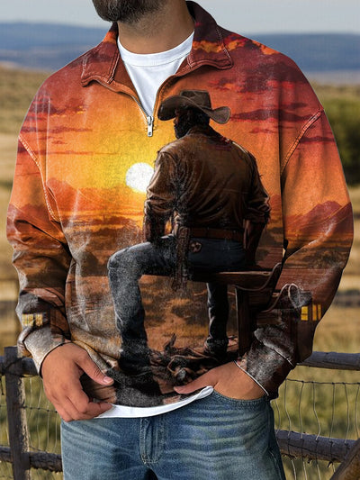 Western Cowboy Sunset Print Casual Long Sleeve Zip Sweatshirt