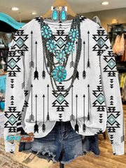 White Vintage Aztec Print Casual Sweatshirt