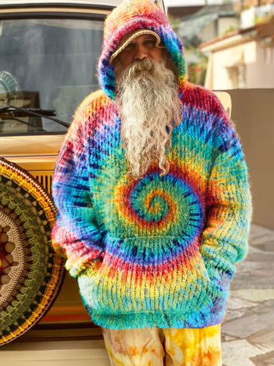 Vintage Bohemian Colorful Tie-dye Print Knit Pullover Hooded Sweater