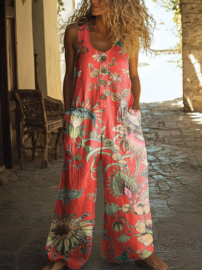 Women's Retro Floral Print Casual Wide Leg Jumpsuit