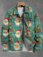 Vintage Christmas Santa Claus Art Print Casual Denim Jacket