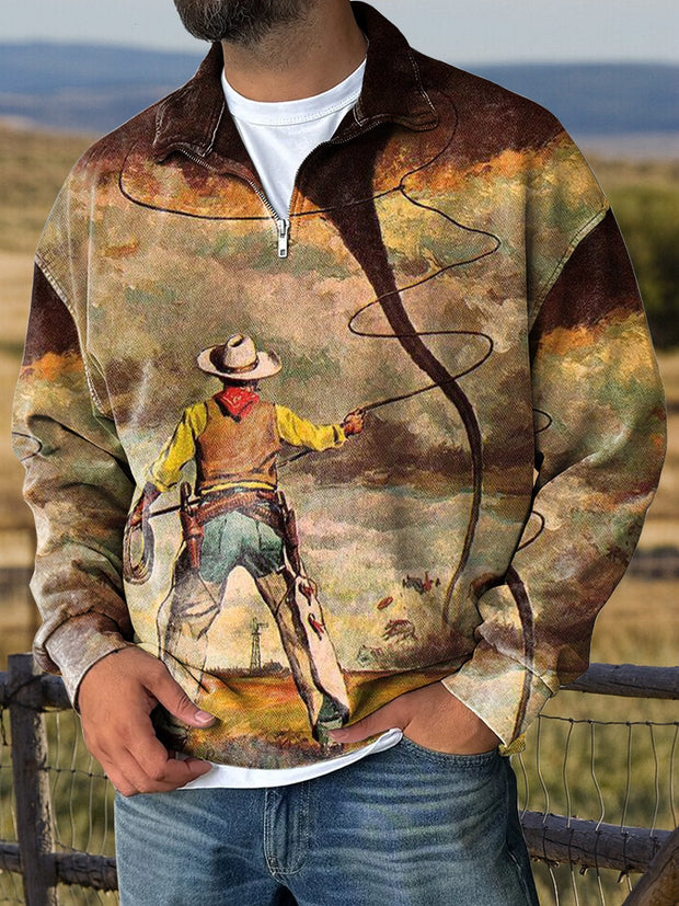 Western Cowboy Tornado Print Casual Long Sleeve Zip Sweatshirt