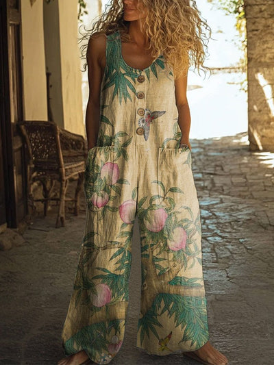 Women's Retro Elegant Peach Tree Flowers Print Casual Wide Leg Jumpsuit