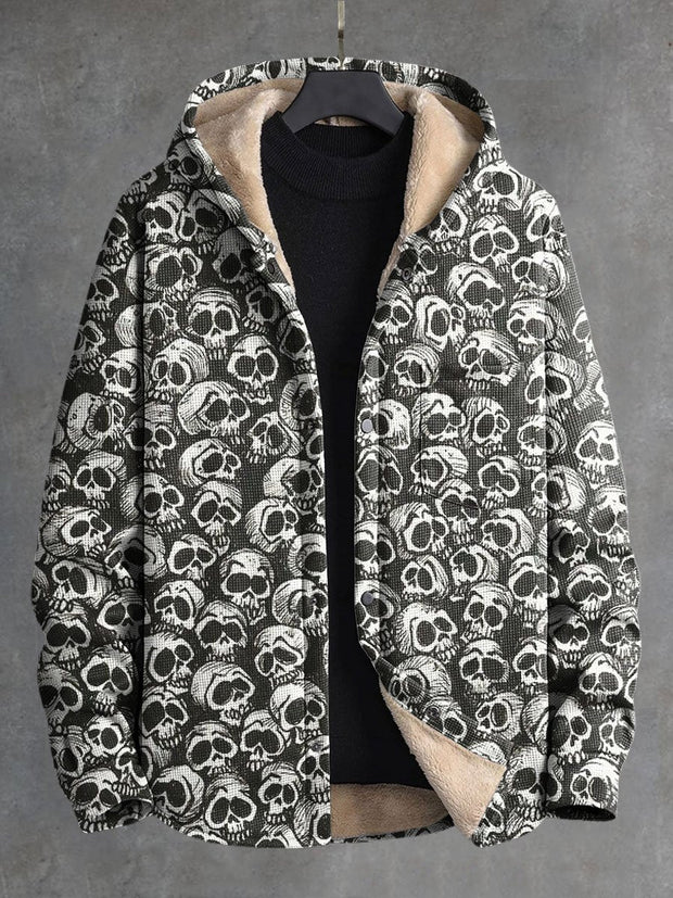 Skull Art Print Waffle Plush Thick Long-Sleeved Hooded Coat