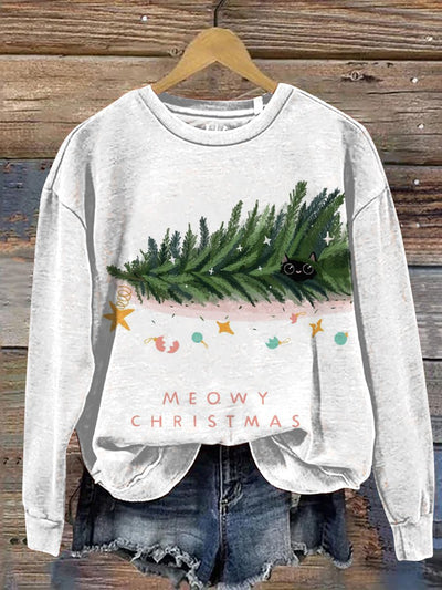 Merry Christmas Cat Art Print Casual  Sweatshirt