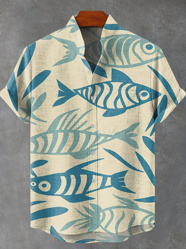 Creative Blue Fish Vintage Print Casual Shirt