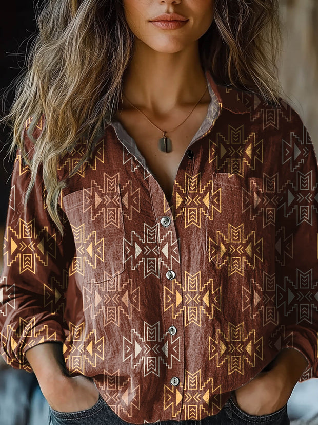 Women's Vintage Brown Aztec Art Print Casual Long Sleeve Comfortable Cotton Shirt