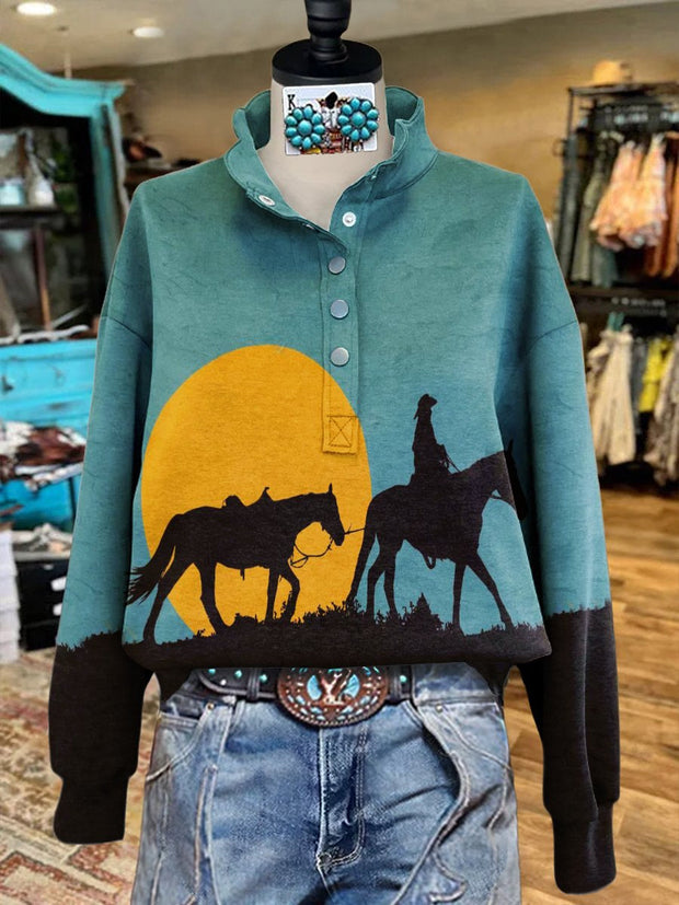 Vintage Western Sunset Cowboy Leading Horse Art Print Casual  Sweatshirt