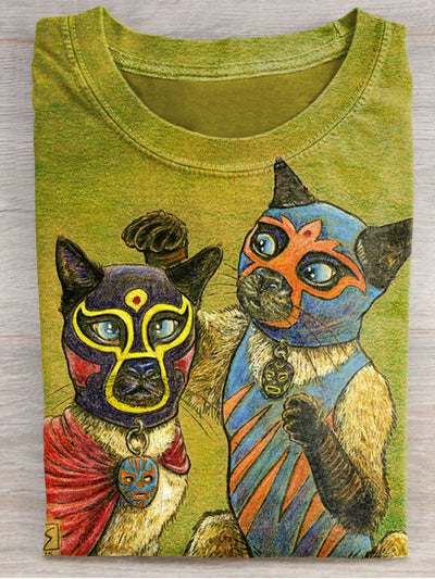 Luchador Siamese Cat Art Print Casaul Short Sleeve  T-shirt