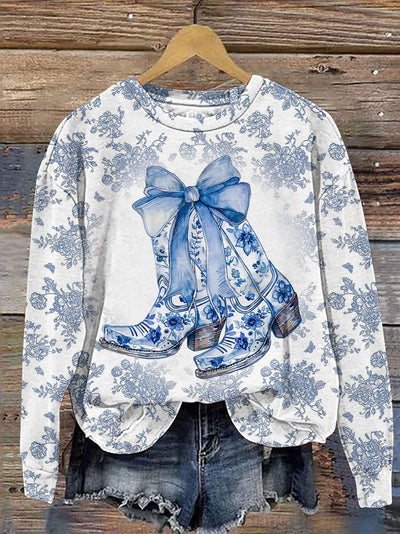 Colorful Glitter Christmas Blue and White Coastal Cowgirl Casual Print Sweatshirt