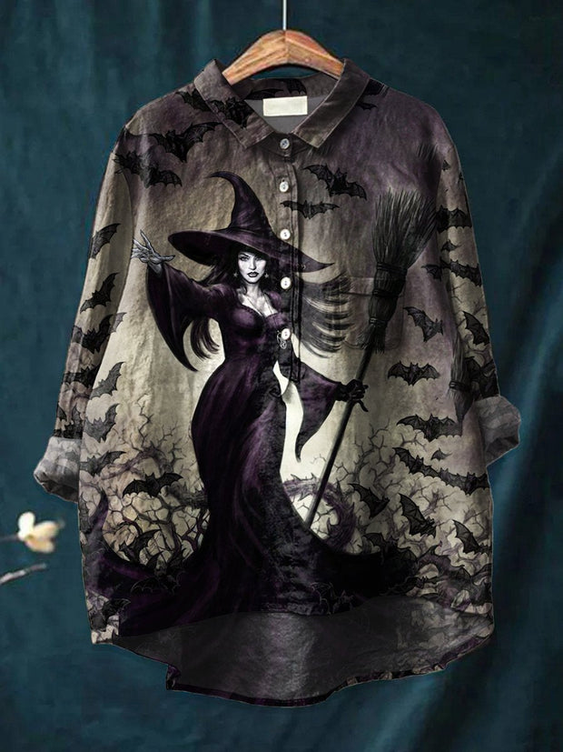 Women's   Halloween Witch Art Print Casual Cotton And Linen Shirt