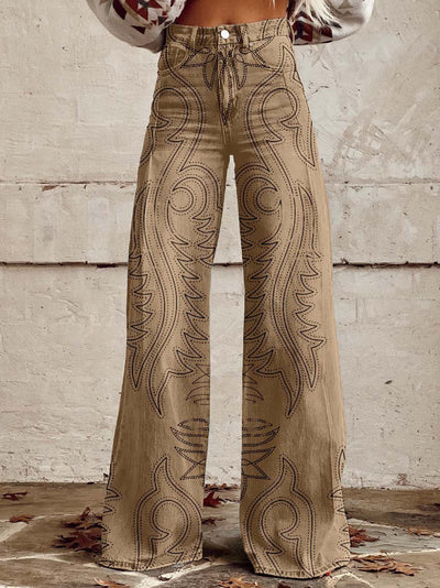 Women's Retro Rodeo Western Print Casual Wide Leg Pants