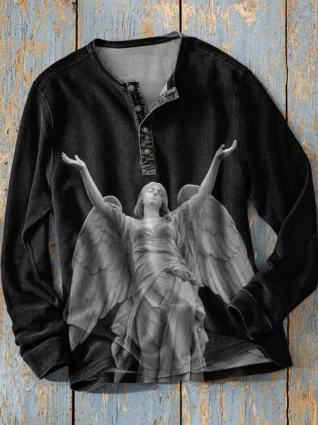 White Angel Statue Decorative Pattern Henley Sweatshirt