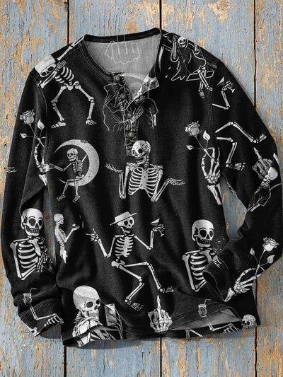 Fun Skull Happy Life Decorative Pattern Henley Sweatshirt