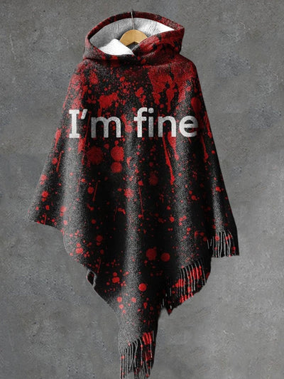 Women's Bloodstain I'm Fine Print Knitted Blanket Poncho Hood Cape