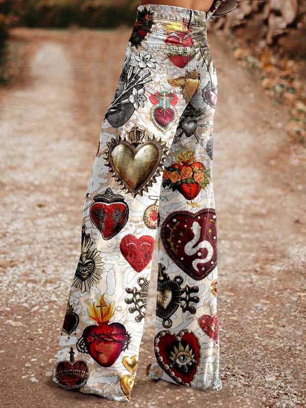 Women's Heart Print Casual Wide Leg Pants