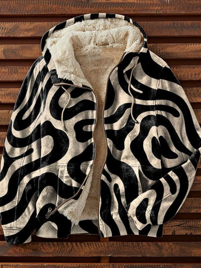 Vintage Distressed Irregular Geometric Stripes Print Waffle Plush Thick Long-Sleeved Hooded Coat