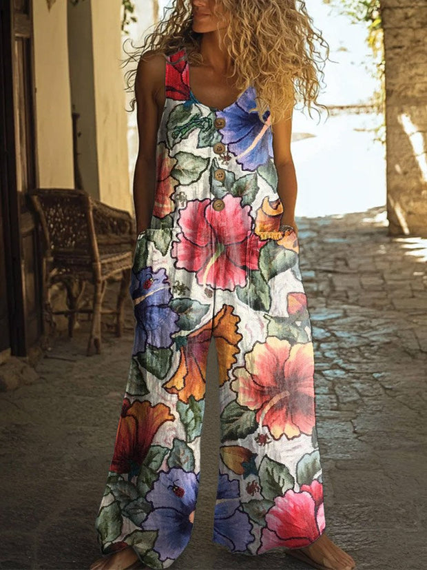 Women's Retro Floral Print Casual Wide Leg Jumpsuit