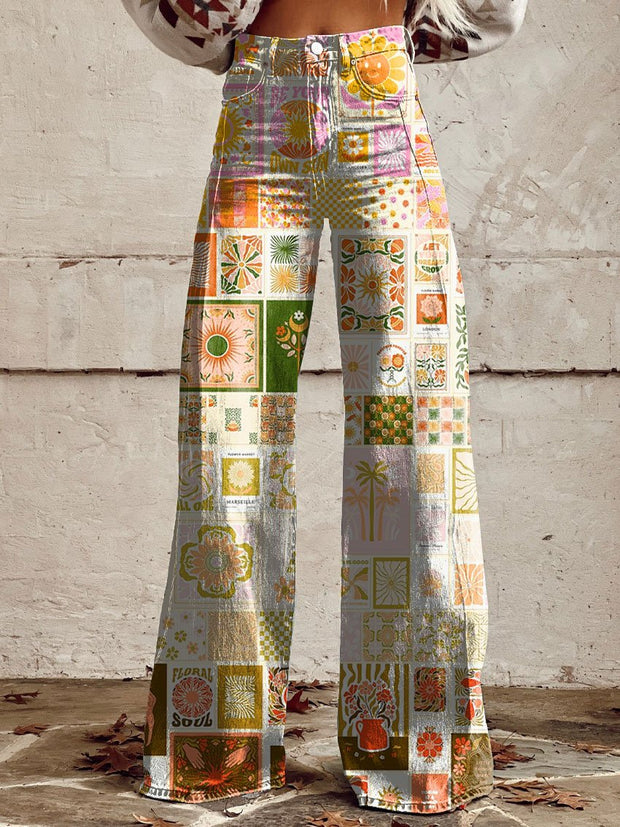 Retro Hippie Print Casual Wide Leg Pants