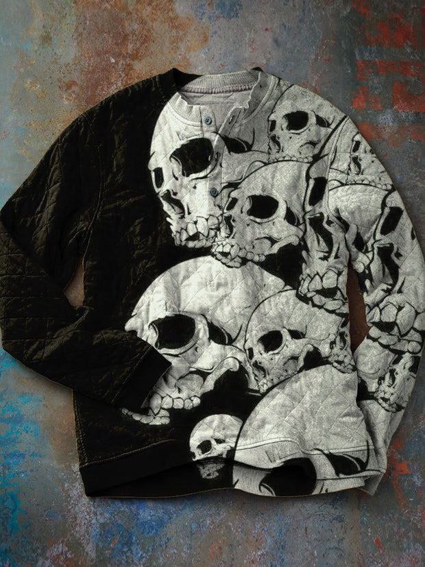 Skeleton Art Pattern Print Diamond-quilted Henley Sweatshirt