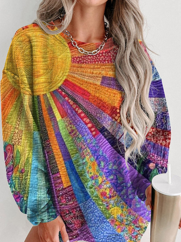 Women's Colorful Sun Collage Print Casual Print Corduroy Sweatshirt