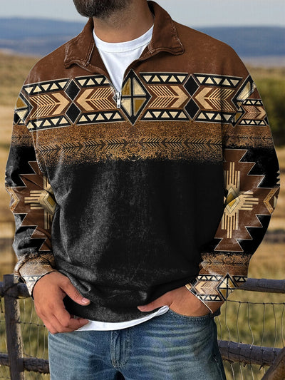 Casual Retro Western Style Aztec Art Print Long Sleeve Zip Sweatshirt