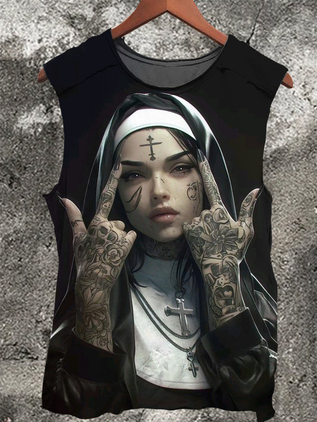 Unisex Tattooed Nun Gesturing Vintage Print Casual Tank Top