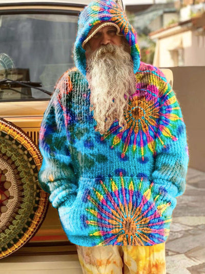 Vintage Bohemian Colorful Tie-dye Print Knit Pullover Hooded Sweater