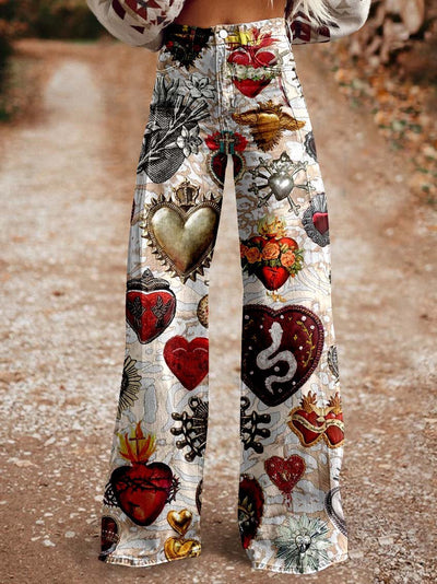 Women's Heart Print Casual Wide Leg Pants