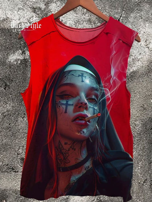 Smoking Nun Vintage Print 100% Cotton Casual Tank Top