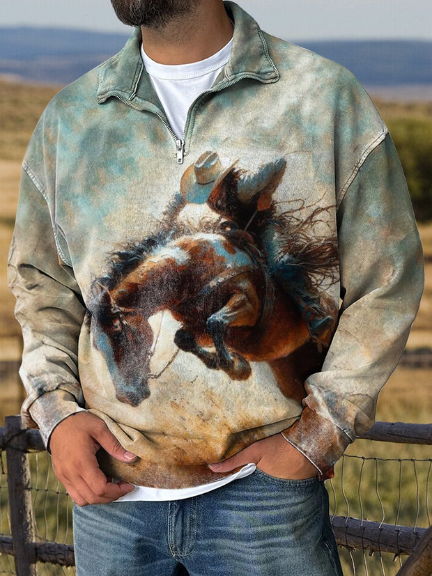 Exquisite Equestrian Print Casual Long Sleeve Zip Sweatshirt