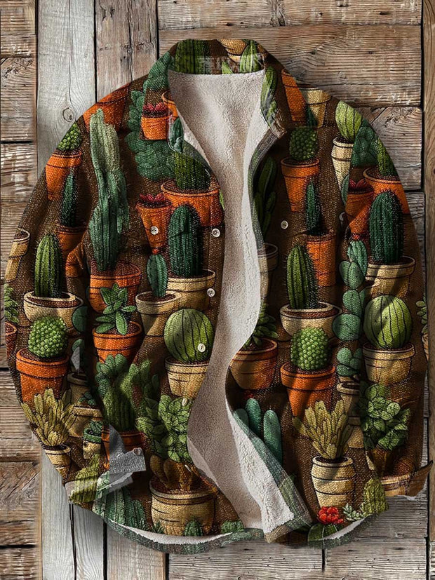 Vintage Cactus Potted Plant Art Print Waffle Plush Thick Long-Sleeved Hooded Coat