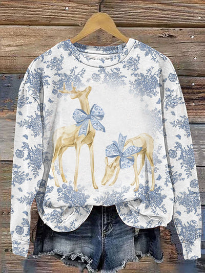 Colorful Glitter Christmas Reindeer with Chinoiserie Bows Casual Print Sweatshirt