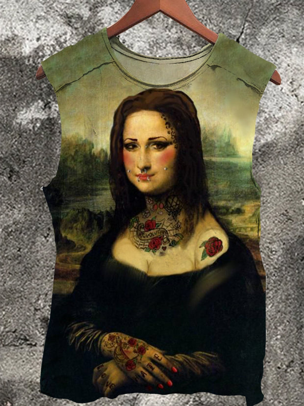 Tattoo Fashion Mona Lisa Vintage Print 100% Cotton Casual Tank Top