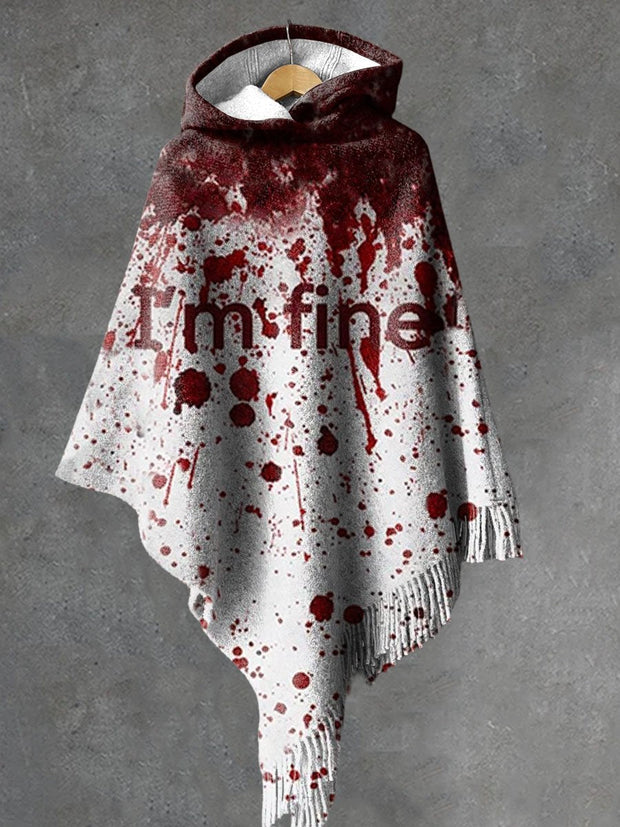 Women's Bloodstain I'm Fine Print Knitted Blanket Poncho Hood Cape