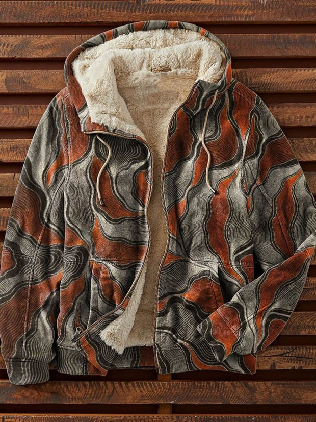 Abstract Vintage Art Patterne Stripe Print Waffle Plush Thick Long-Sleeved Hooded Coat