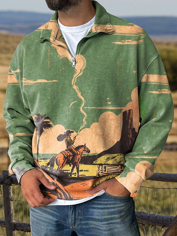 Western Lone Cowboy Print Casual Long Sleeve Zip Sweatshirt