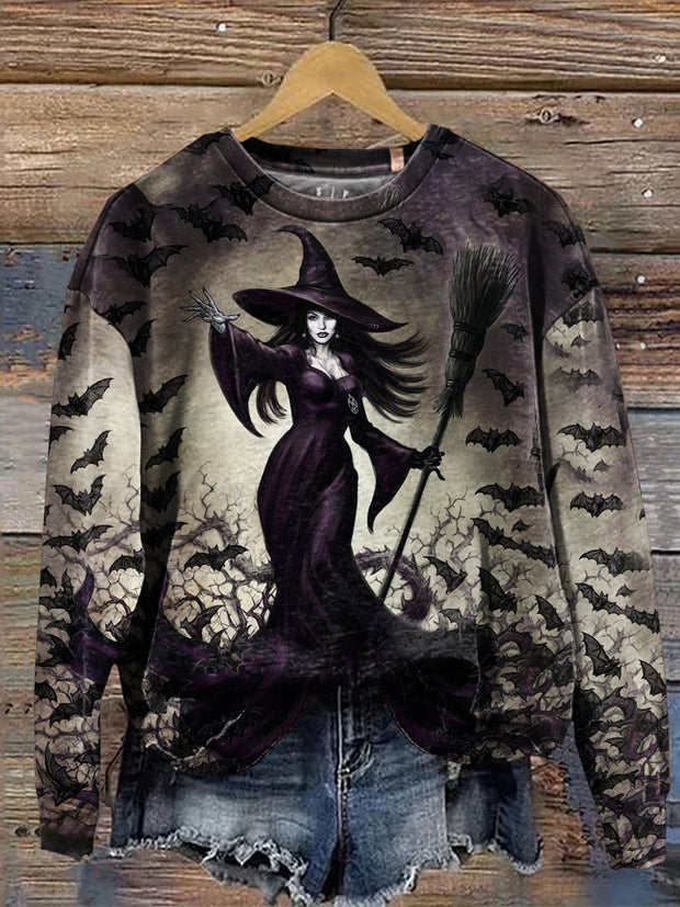 Unisex Halloween Witch Art Illustration Printed Casual Sweatshirt