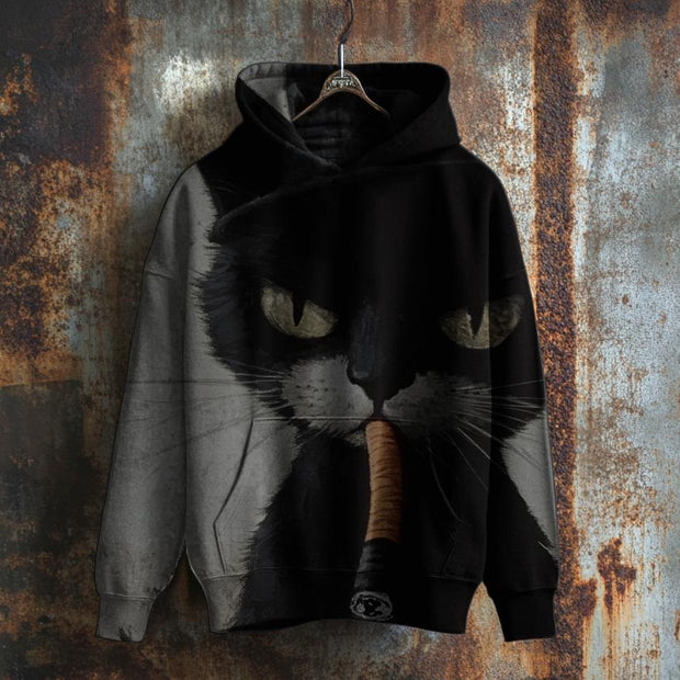 Unisex Classic Smoking Cat Print Hoodie