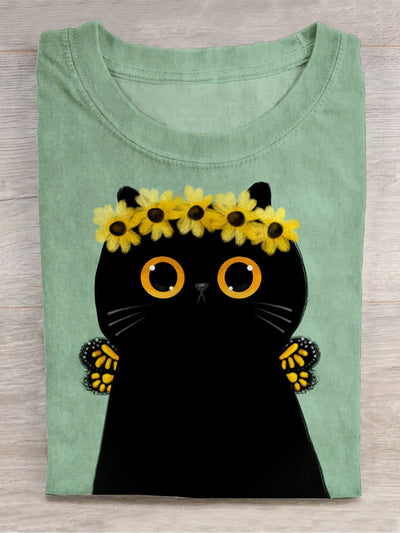 Butterfly Cat Fun Art Print Crew Neck T-Shirt