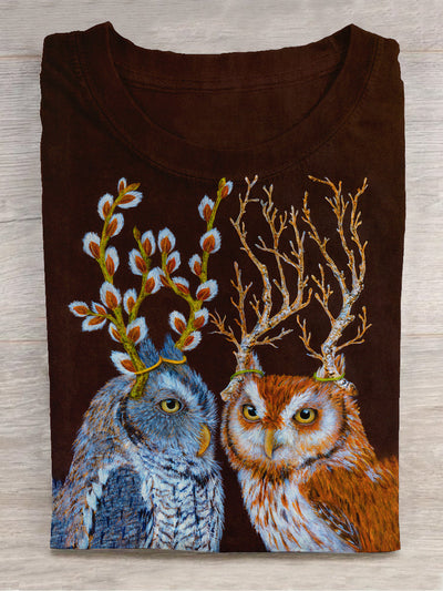 Antlered Owl Fun Art Print Crew Neck T-Shirt