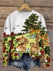 3d Embroidered Art Rabbit Pattern Printed Round Neck Sweatshirt