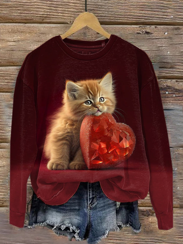 "Valentine's Day" Cute Cat Illustration Printed Casual Round Neck Sweatshirt