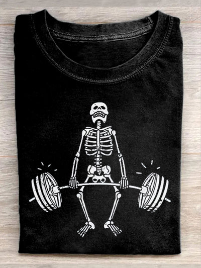 Unisex Skull Weightlifting Art Illustration Print Casual Round Neck T-Shirt