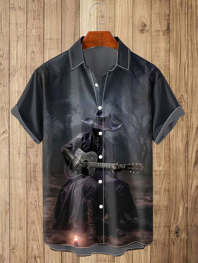 Men's Black Guitar Art Illustration Print Casual Short Sleeve Shirt