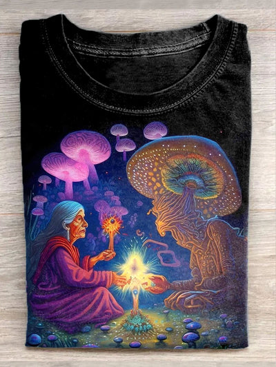 Unisex Fantasy Mushroom World Art Illustration Print Casual T-Shirt